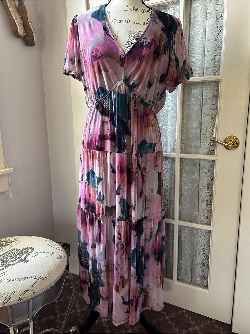 Robbie Bee Pink and Blue Abstract Tiered Maxi Dress Sz L